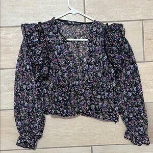 Zara Black Puff Sleeve Ruffled Crop Blouse